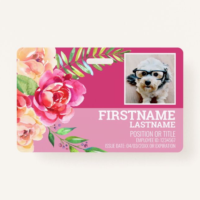 Badge Fille Aquarelle Fleur employé ID photo rose (Devant)