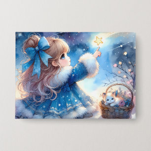 Badge Fille rêveuse contemplant les étoiles à l'aquarell