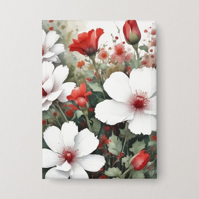 Badge Fleurs blanches et rouges Elégante aquarelle (Recto)