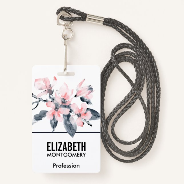 Badge Fleurs rose et gris Aquarelle classique (Devant avec lanière)
