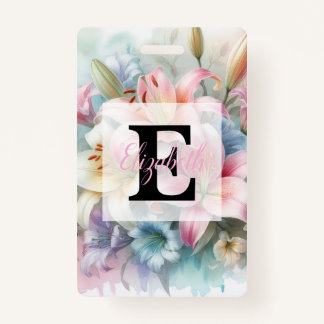 Badge Floral watercolor monogram pink lilies flowers