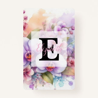 Badge Floral watercolor monogram pink orchid flowers