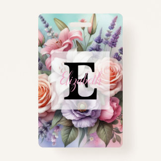 Badge Floral watercolor monogram pink purple flowers