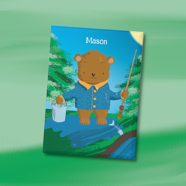 Badge Fun Fishing Brown Bear Kid Pin Button (Fun fishing brown bear kid rectangular button with name .)