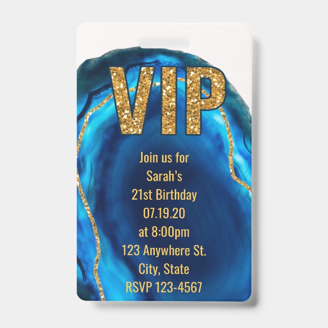 Badge Geode Agate Blue Gold Anniversaire VIP Pass Invita (Front)