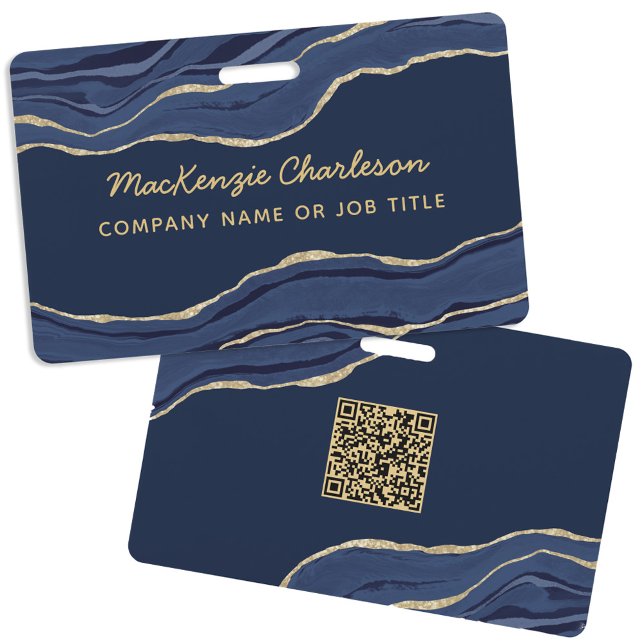 Badge Géode d'agate de marbre bleu marine Code QR d'entr (Navy blue agate marble geode QR code business professional name id badge)