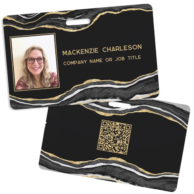 Badge Géode d'âge en marbre noir Code QR Nom de la photo (Black marble agate geode gold glitter effect business photo id name badge with QR code)