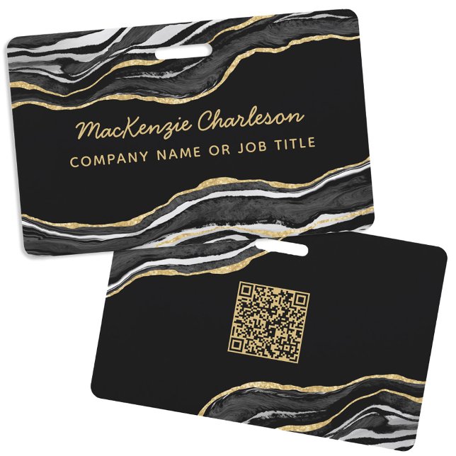Badge Géode d'âge en marbre noir Entreprise QR Code Nom (Black marble agate geode gold glitter effect business name badge with QR code)