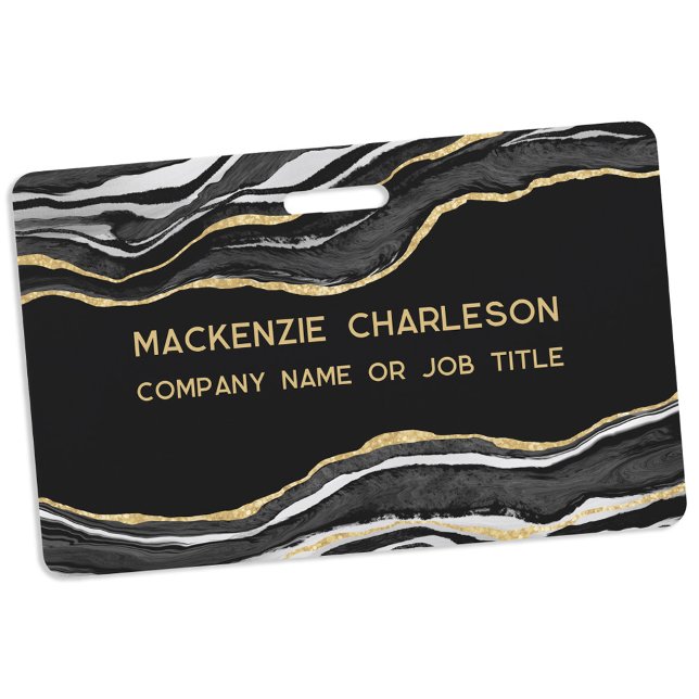 Badge Géode de marbre noir Géode Or Nom commercial (Black marble agate geode gold glitter effect business name badge)