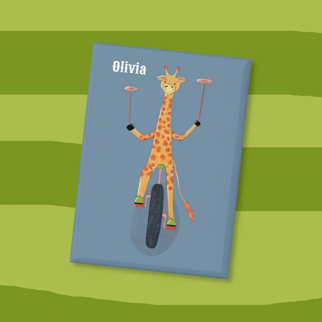 Badge Giraffe on a Unicycle Blue Button (Giraffe acrobat on a unicycle and spinning plates on stick kid  blue pin button . )