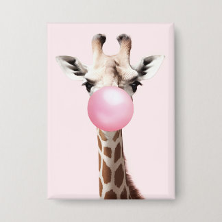 Badge Giraffe soufflant de bulle rose gomme Whimsical Ar