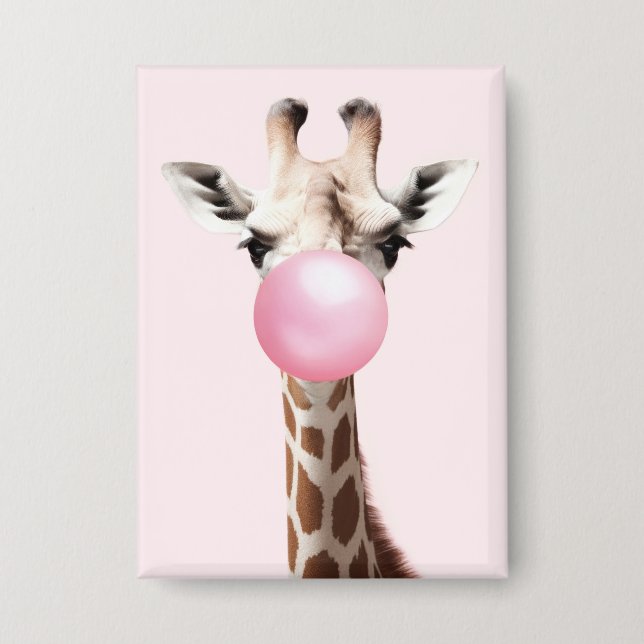 Badge Giraffe soufflant de bulle rose gomme Whimsical Ar (Recto)