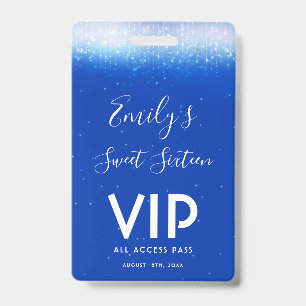 Badge Glam Royal Blue Sweet 16 Invitation Carte VIP Badg