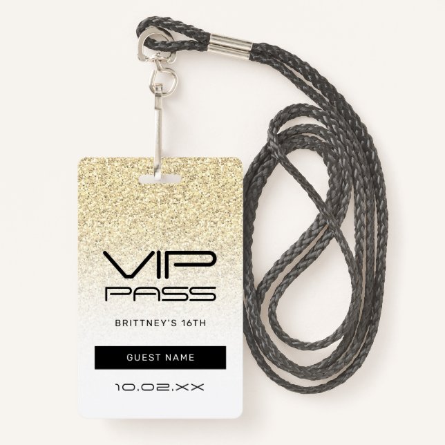 Badge Gold Ombre Parties scintillant Glam VIP Pass 16e I (Devant avec lanière)
