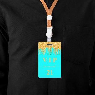 Badge Gouttes de paillettes dorées aqua pour anniversair