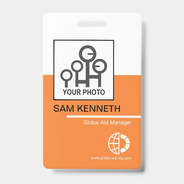Badge Gras Blanc Orange Blocks Société Employé Photo (Avant)