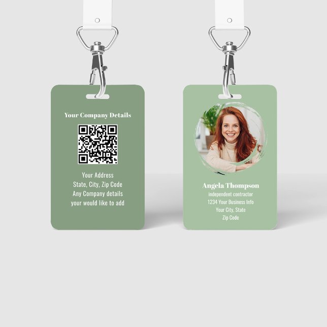 Badge Green Modern Photo QR Code Employee (Green business ID Badge with photo template and QR code.)