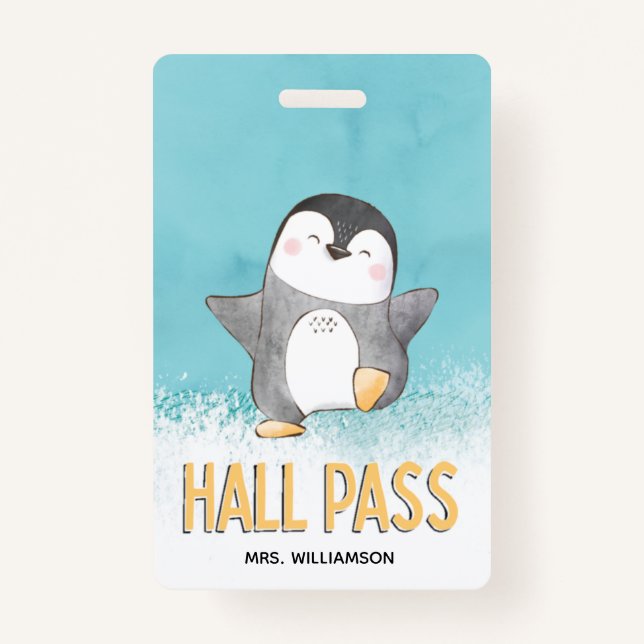 Badge Hall Pass Cute Penguin Enseignant en classe (Dos)