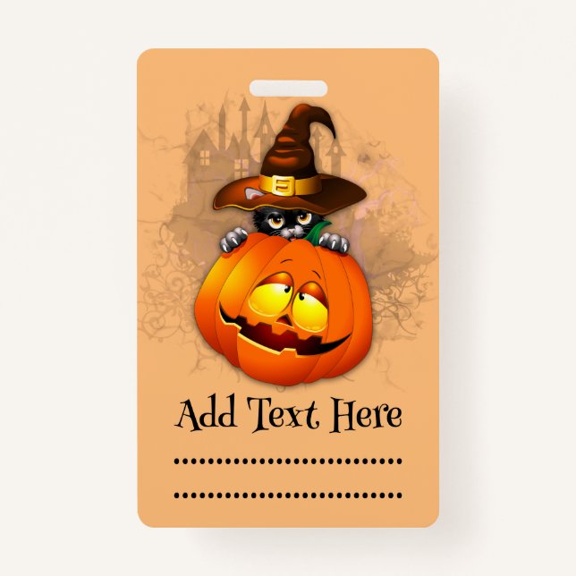 Badge Halloween Cute Kitty Witch et ami Citrouille (Devant)