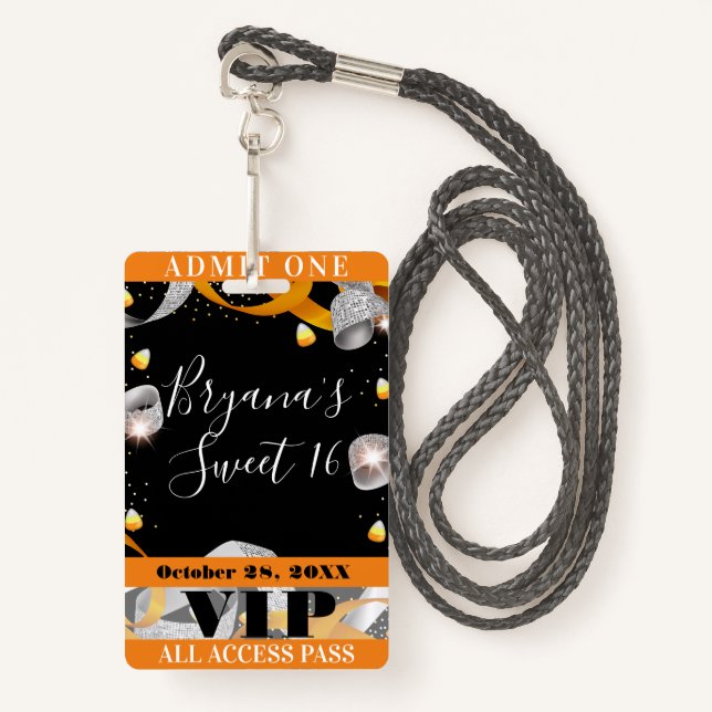 Badge Halloween Sparkle Sweet 16 Party VIP Pass Ba (Devant avec lanière)