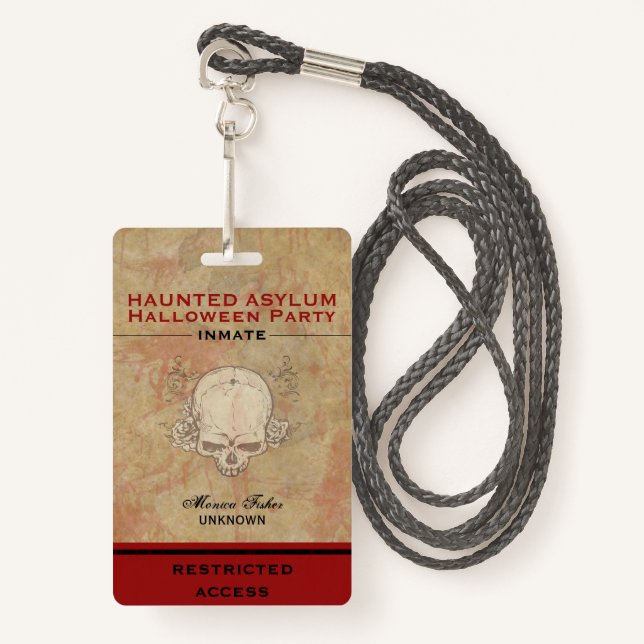 Badge Hauned Asylum Halloween Parti détenu 3 (Devant avec lanière)
