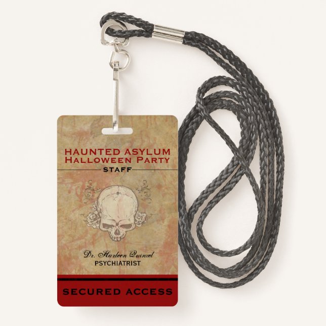 Badge Hauned Asylum Halloween personnel du parti (Devant avec lanière)