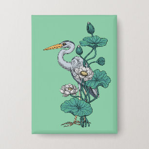 Badge Héron dans le jardin de lotus blanc sur jade