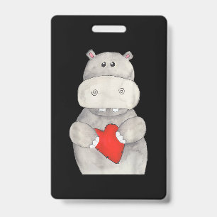 Badge Hippopotame Mignon Tenant un Cœur   Hippopotame d'