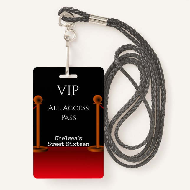 Badge Hollywood Red Carpet Sweet sixteen VIP All Access (Devant avec lanière)