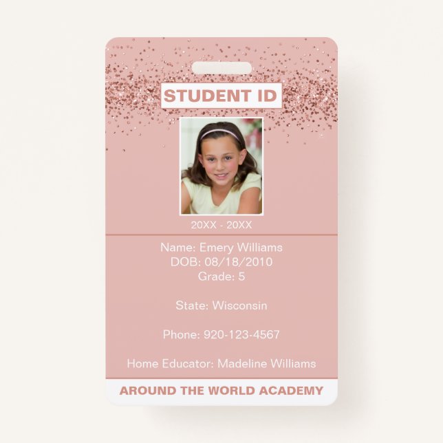 Badge Homeschool Student ID Rose Gold Parties scintillan (Devant)