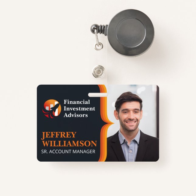 Badge Homme d'affaires souriant | Logo Finance | Code ba (Front with Retractable)