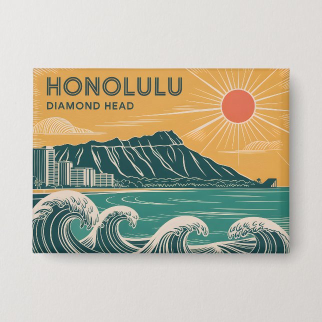 Badge Honolulu Oahu Diamond Head Retro Style Mi-Siècle (Recto)