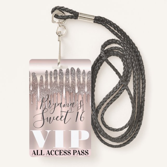 Badge Icy Rose Rose Parties scintillant Gold Drip Sweet  (Devant avec lanière)