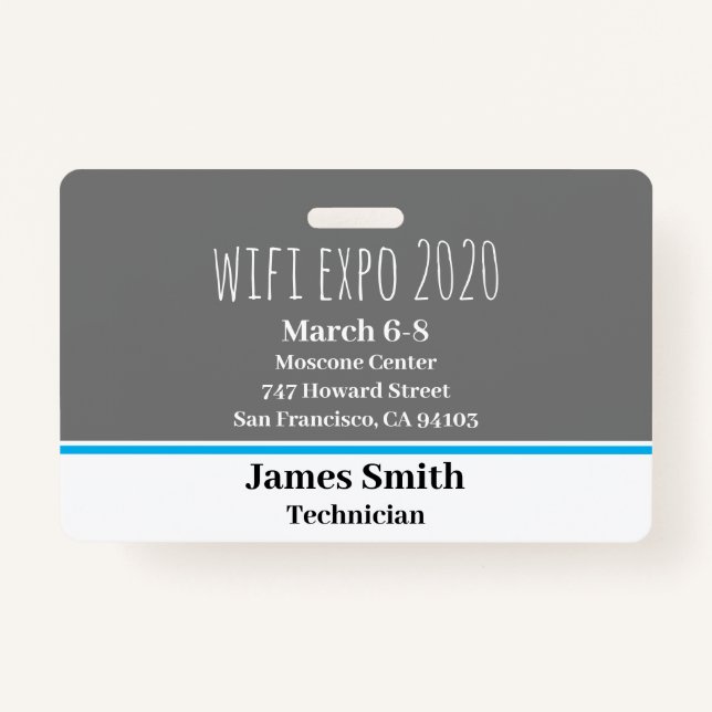 Badge ID d'exposition gris horizontal, blanc et bleu (Devant)