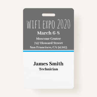 Badge ID d'exposition gris vertical, blanc et bleu