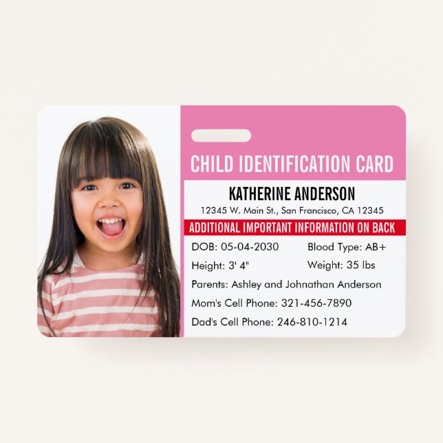 Badge ID enfant Identification Médicale Allergie d'urgen (Devant)