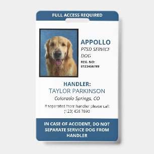Badge ID photo de chien de service bleu blanc