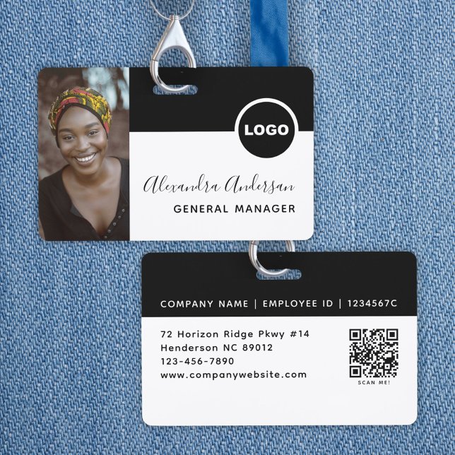 Badge ID photo de l'employé Logo de l'entreprise Code QR (Employee Photo ID Company Logo QR Code White Black Badge)