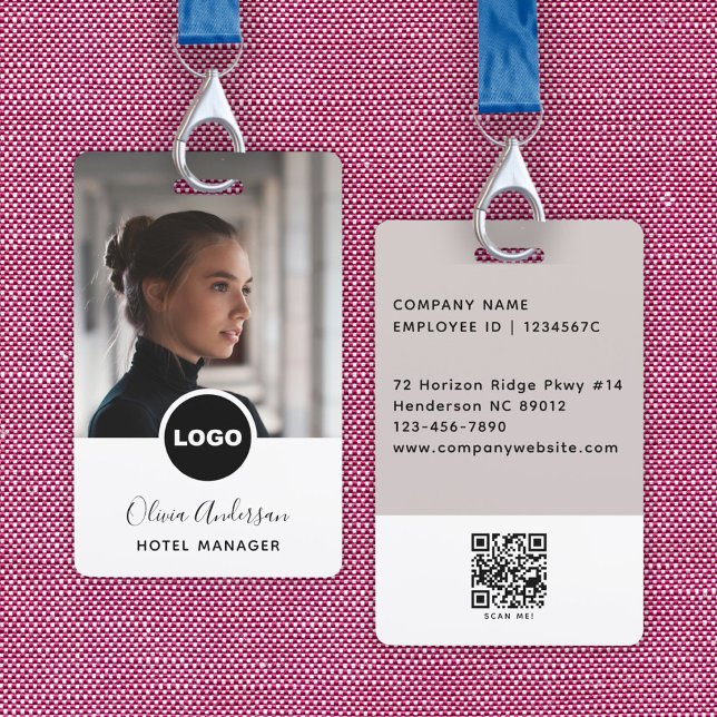 Badge ID photo de l'employé Logo de l'entreprise Code QR (Employee Photo ID Company Logo QR Code White Black Badge)