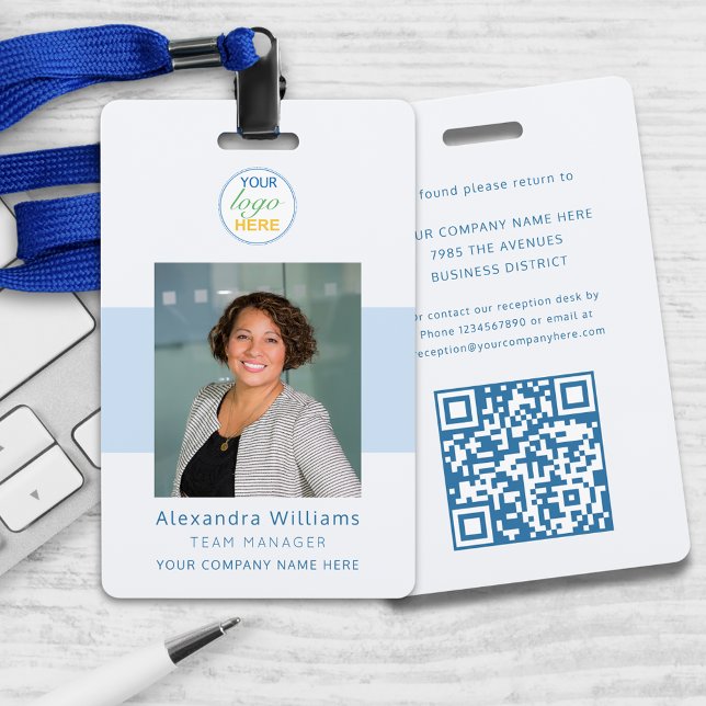 Badge ID photo de l'employé Logo de l'entreprise Code QR (Custom employee photo ID your logo here and QR code Security badge modern professional lanyard )