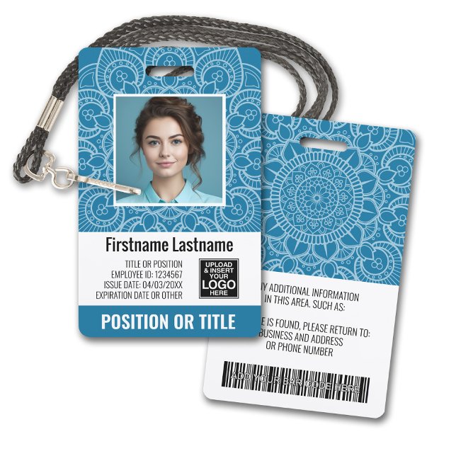Badge ID photo de l'employé - mandala moderne, logo, cod (Plastic ID Badge - Customize with Employee Photo and Credentials. Light Blue Mandala Accents)