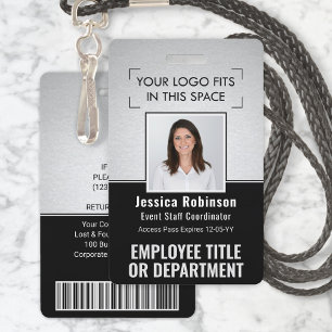 Badge ID photo employé QR Code à barres Logo Argent Noir