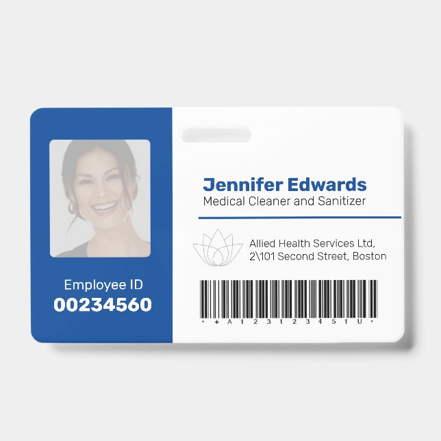 Badge Identifiant de l'employé ID code-barres photo bleu (Avant)