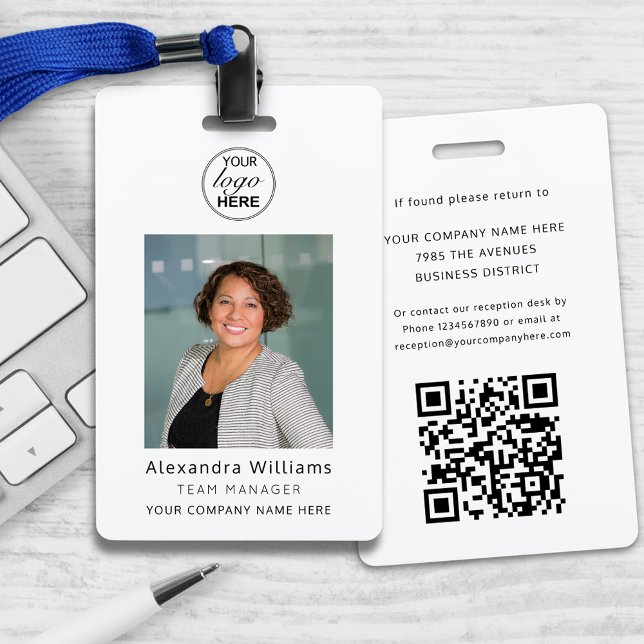 Badge Identifiant de photo d'employé Logo d'entreprise C (Employee photo ID company logo and security QR code lanyard badge modern Black and white design)