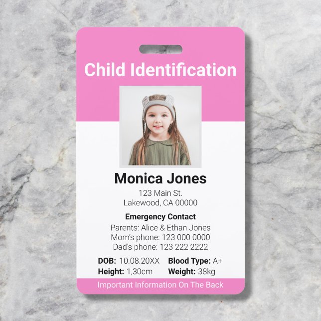 Badge Identification de l'enfant Photo rose pâle (Créateur téléchargé)