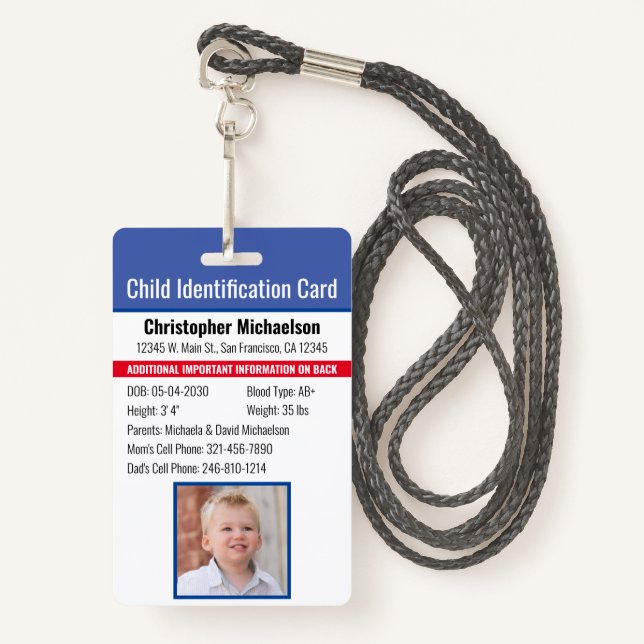 Badge Identification de l'identité de l'enfant Allergie  (Devant avec lanière)