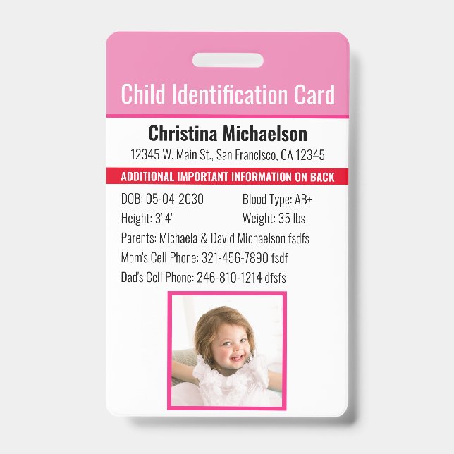 Badge Identification de l'identité de l'enfant Allergie  (Avant)