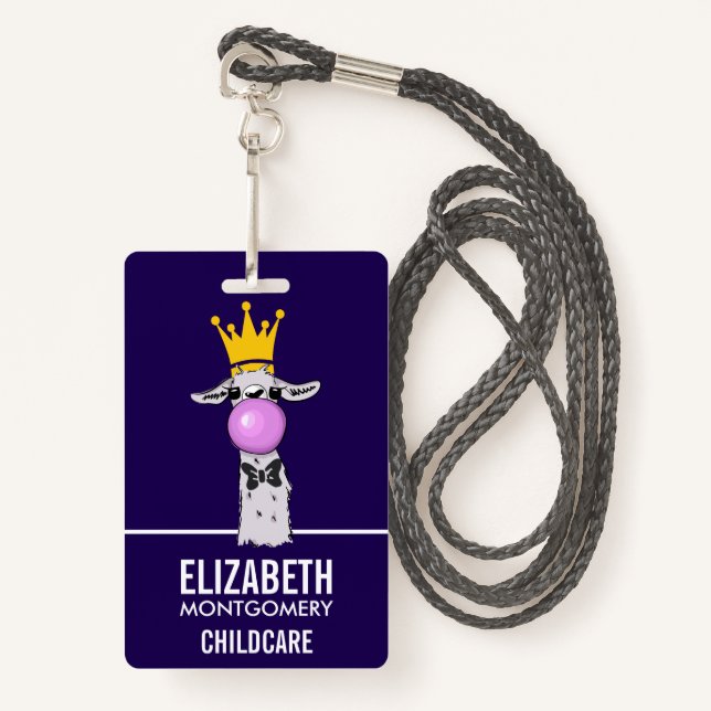 Badge Illustration drôle de lama soufflant une bulle ros (Devant avec lanière)