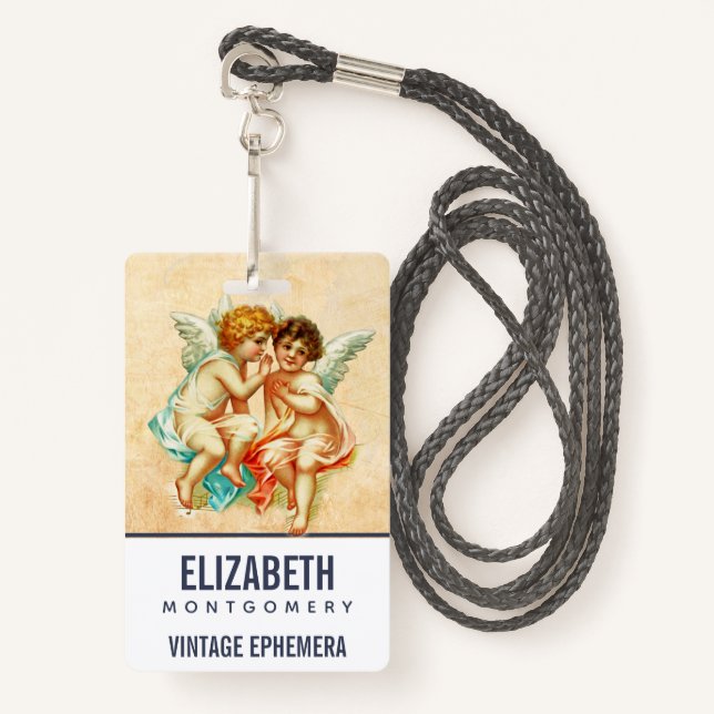 Badge Illustration vintage Ephemera Angel Cherubs (Devant avec lanière)