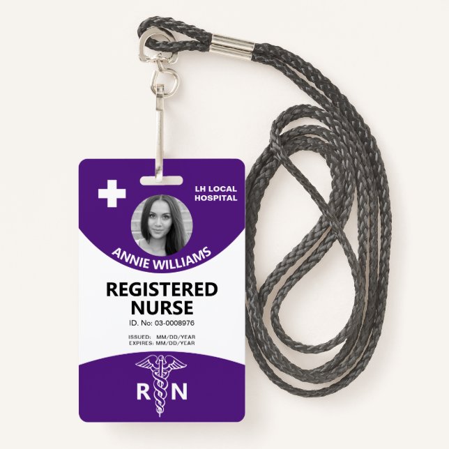 Badge Infirmière autorisée caduceus et logo violet photo (Devant avec lanière)